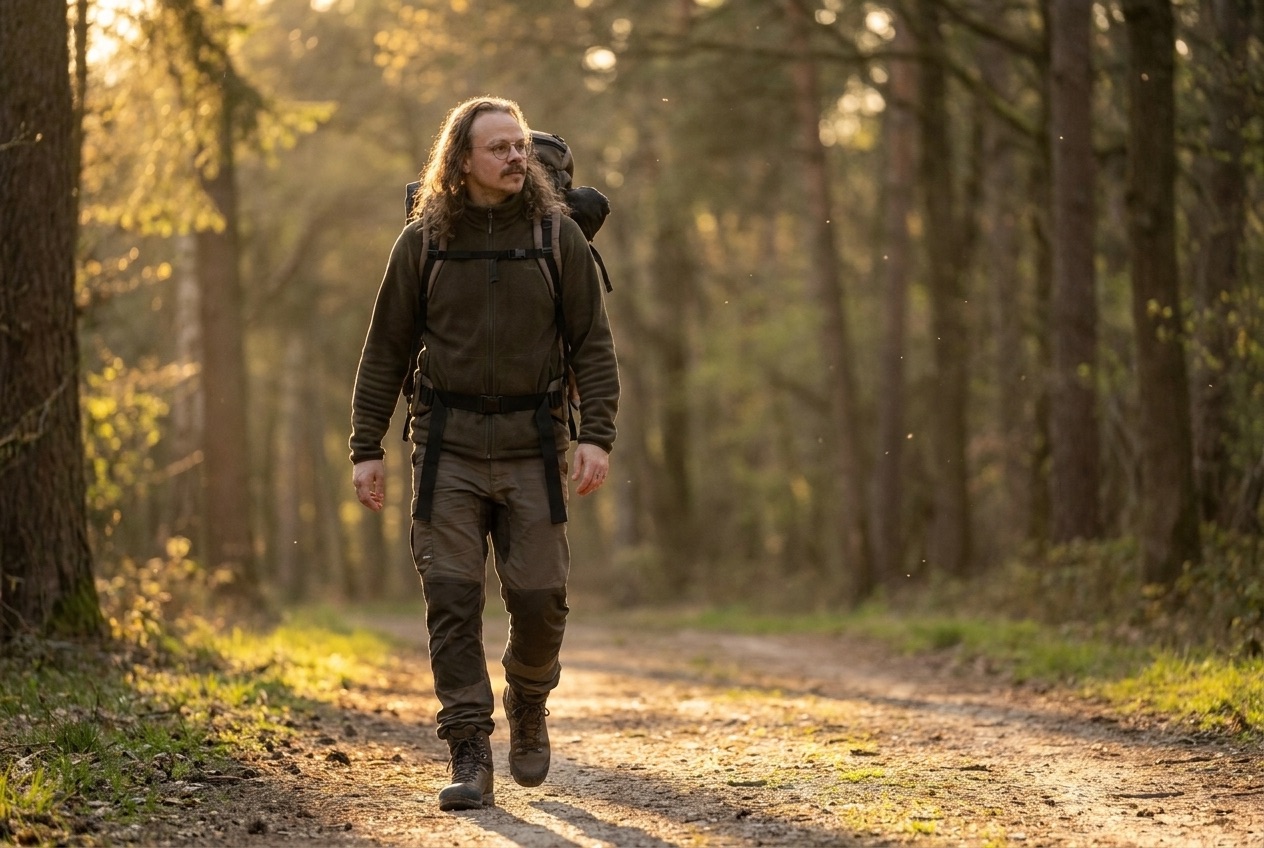 Johannes geht einen stillen Waldweg im goldenen Abendlicht entlang